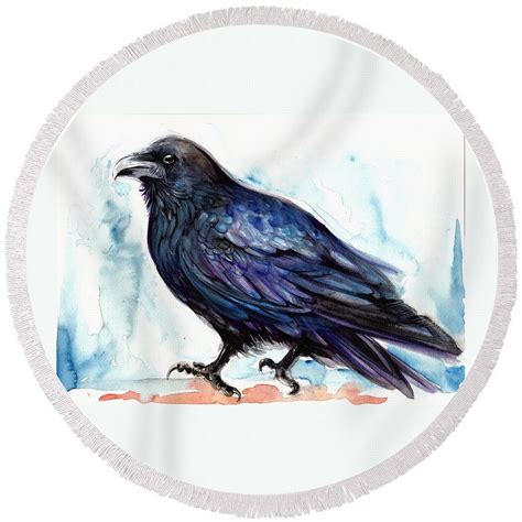Raven Resting Bird Art Watercolor Round Beach Towel By Tiberiu Soos