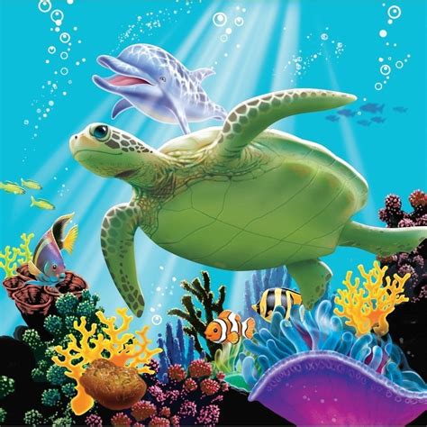 Ocean Under The Sea Turtle Dolphin Edible Cake Topper Image