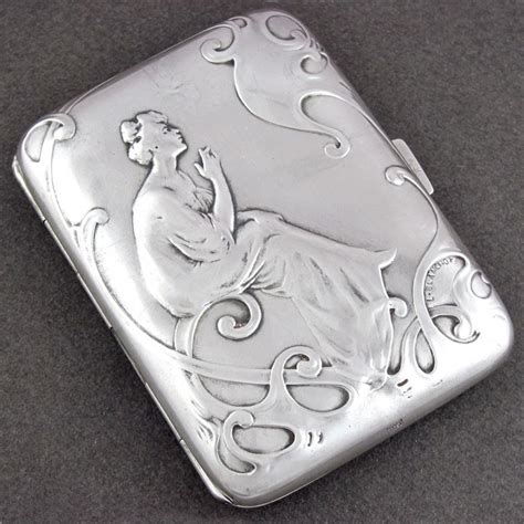 Fine Art Nouveau French Silver Cigarette Case Circa S Decorated On The Front With