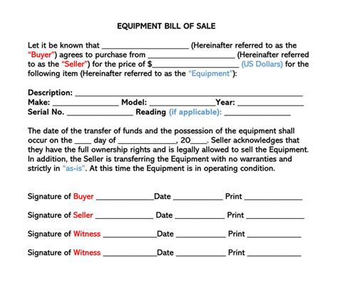 Equipment Bill Of Sale Template Word