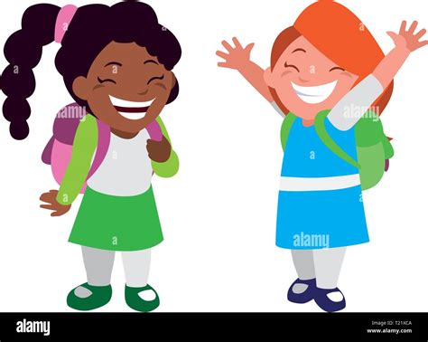 Happy Little Interracial School Kids Characters Vector Illustration
