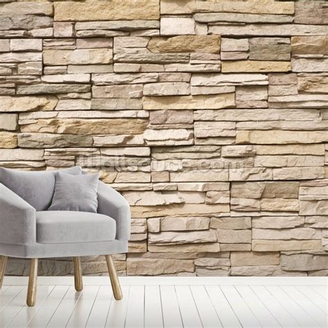 Stacked Stone Wall Wallpaper Mural Wallsauce Us