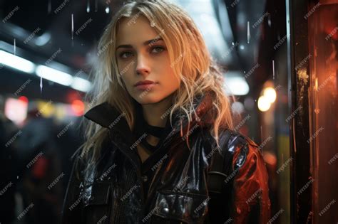 Premium Ai Image A Woman In A Black Leather Jacket Standing In The Rain