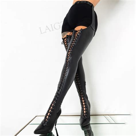 Laigzem Women Thigh High Chap Boots Waist Belted Thin Heels Boots Faux