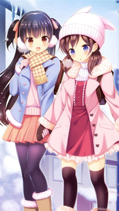 Download 720x1280 Wallpaper Winter Outdoor Girls Anime Friends Samsung Galaxy Mini S3 S5