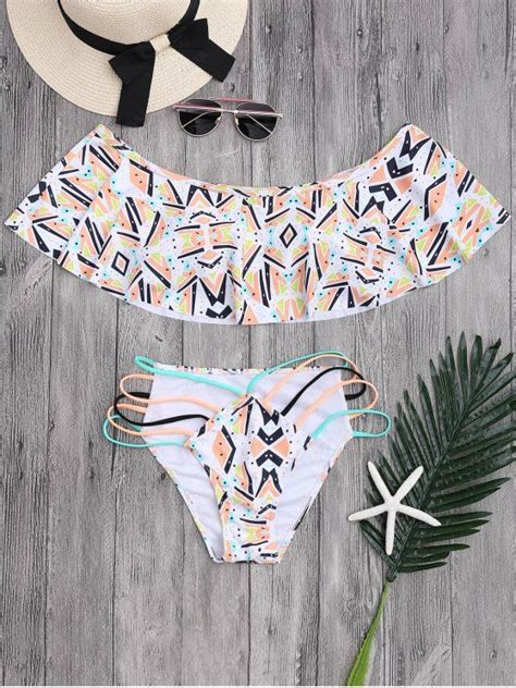 25 Off 2021 Off Shoulder Geometric Pattern Banded Bikini In Colormix
