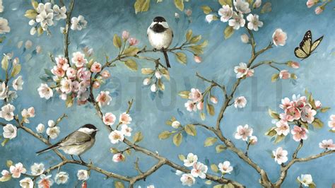Blue Wall Birds Leaves Flowers Background Chinoiserie Hd Chinoiserie