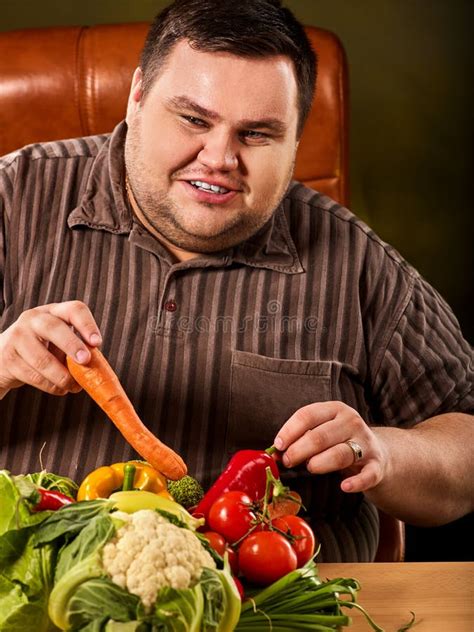 Diet Fat Man Eating Healthy Food Healthy Breakfast With Vegetables