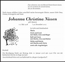 Johanna Christina Nissen : Traueranzeige : Husumer Nachrichten