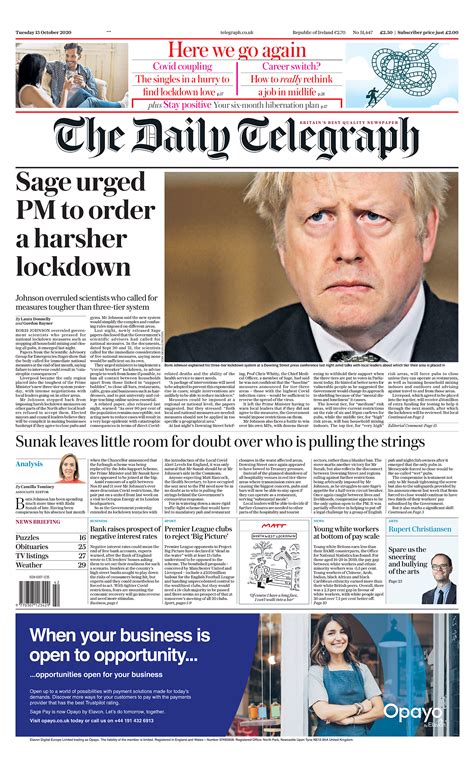 Daily Telegraph Front Page 12th Of August 2020 Tomorrow