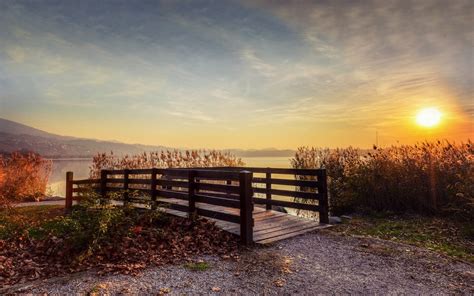 Black Wooden Bridge Wallpaper Nature Landscape Lake Sunset Hd