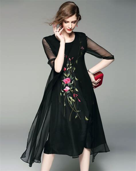 Black Silk Floral Embroidery A Line Midi Dress Dresses Elegant