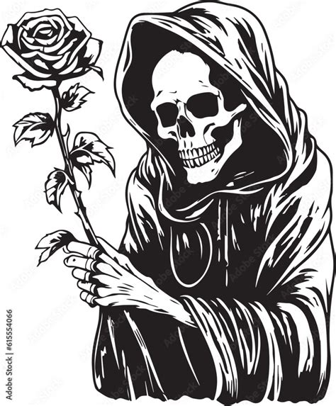 Death With Roses Grim Reaper Skeleton In Black Robe Vector