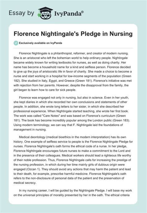 Florence Nightingales Pledge In Nursing 598 Words Essay Example