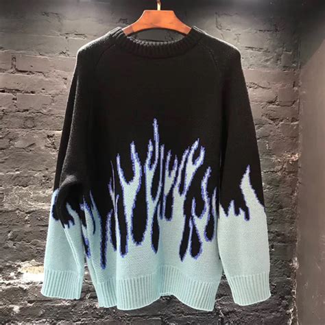 Vintage Black And Blue Fire Flame Design Oversized Sweater Knit Grailed