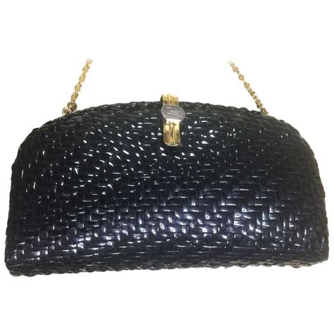 Vintage Lancel Black Bamboo Woven Clutch Bag In Round Oval Shape