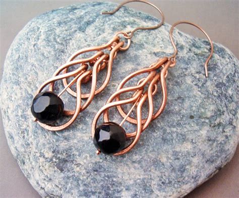 Wire Wrapped Earrings Copper And Black Agate By Gearsfactory