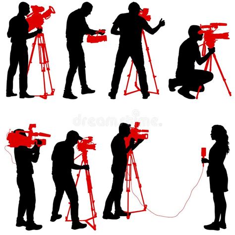set cameraman with video camera silhouettes on white background stock vector illustration of