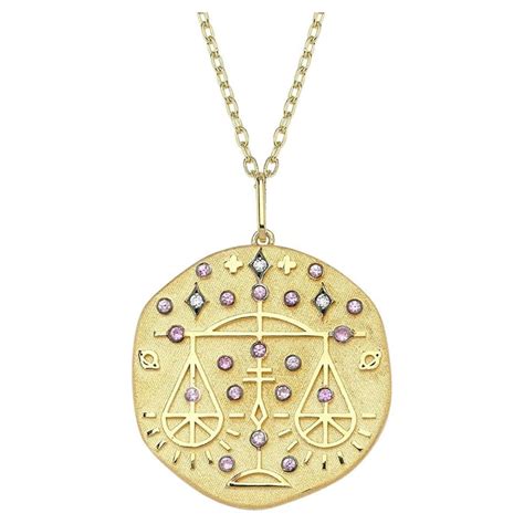 Libra Zodiac Charm Necklace Lucky Stone Diamond And Tourmaline 14k