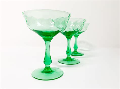 3 vintage green depression glass dimple optic champagne coupes glasses stemware three retro