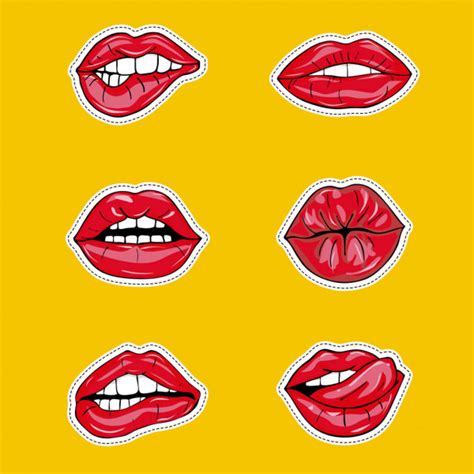 Set Of Female Mouths With Red Lipstick Cartoon Pop Art Style Stock