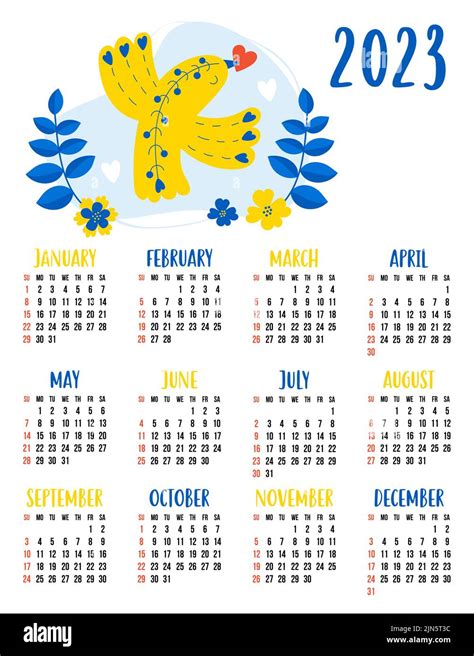 Calendar For 2023 With Cute Decorative Yellow Blue Bird With Heart