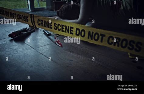 4k Crime Scene Camera Moving Around Dead Body And Evidences Stock Video