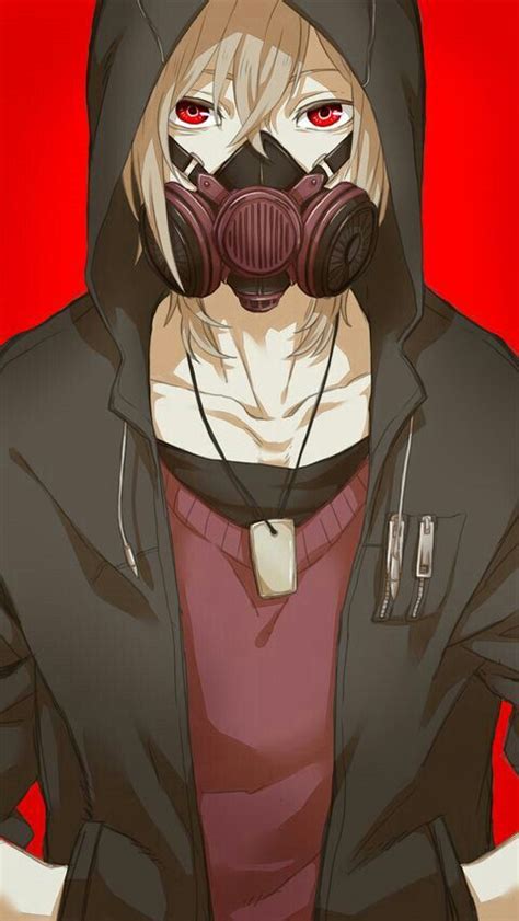 Anime Guy Gas Mask White Hair Black Hoodie Red Shirt Red Eyes