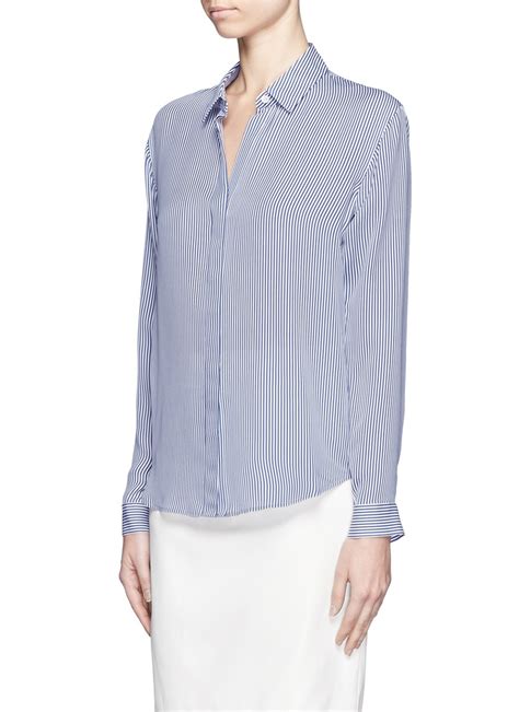 lyst theory aquilina pin striped silk shirt in blue