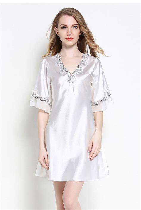 Sexy Women Satin Sleepwear Silk Nightgown Half Sleeve Embroidery