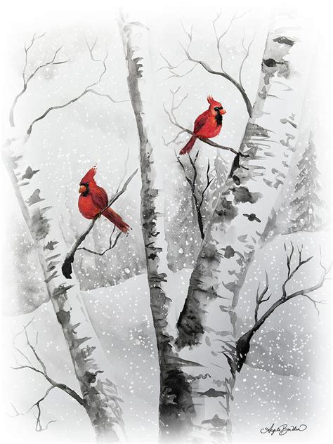 Winter Birch Trees With Cardinals Painting By Angela Bawden Pixels