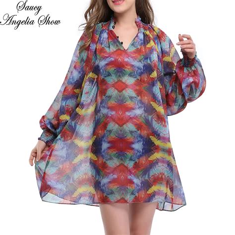 Saucy Angelia Women Summer Dress 2018 Sexy Long Sleeve Sheer Print