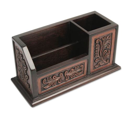 Hand Tooled Brown Leather Desk Organizer Andean Tradition Novica