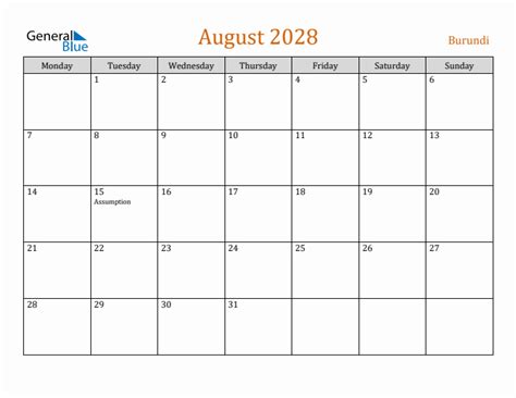 Free August 2028 Burundi Calendar