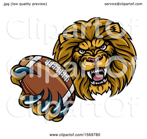Clipart Of A Tough Lion Monster Mascot Holding Out An American Football