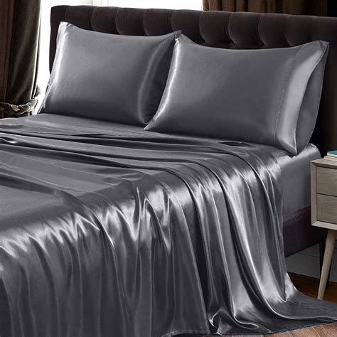 Amazon Com SiinvdaBZX Pcs Satin Sheet Set Full Size Ultra Silky Soft Grey Satin Full Bed