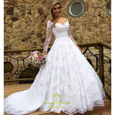 White V Neck Sheer Long Sleeve Lace Ball Gown Wedding Dress Vampal