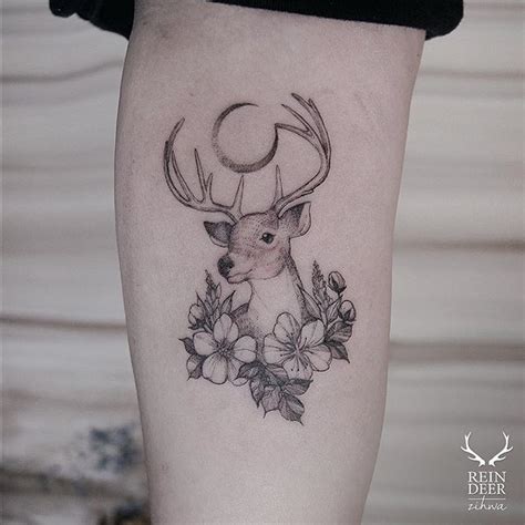 Natural Painted By Zihwa Black Ink Arm Tattoo Of Deer With Flowers