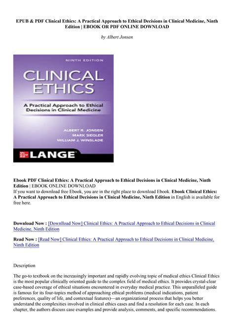Pdf Download Clinical Ethics A Practical Approach To Ethical Decisions