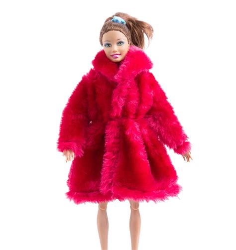 new arrive red cute winter fur coat for barbie dolls clothes long dress