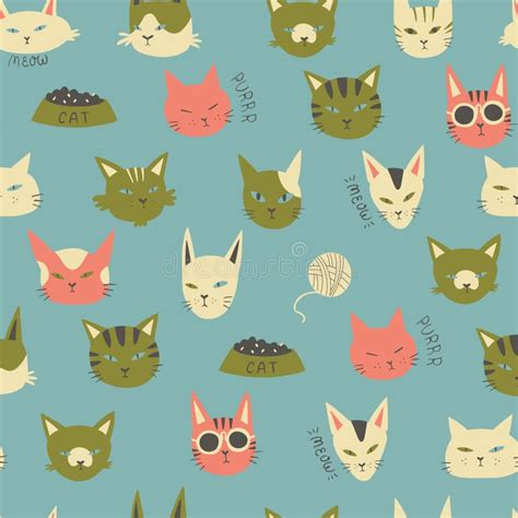 Cute Seamless Pattern With Cats In Doodle Style Hand Drawn Vector