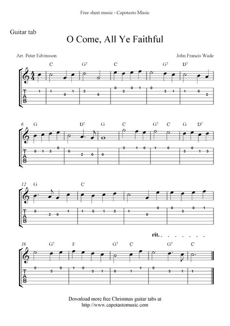 This is usually written out in standard music notation. O Come, All Ye Faithful, easy free Christmas guitar sheet music and guitar tabs