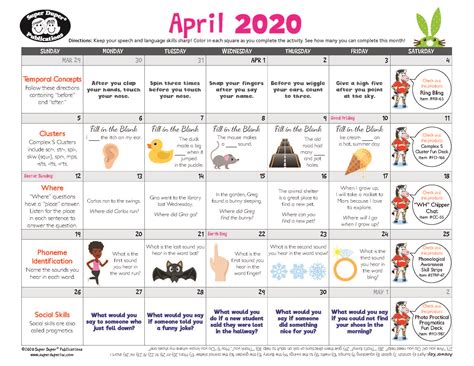 Super Duper Speech Calendar - April 2020 | Speech and language, Speech, Speech language pathology