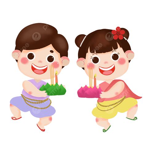 รูปเทศกาลลอยกระทงประเทศไทย ตัวการ์ตูน สไตล์ เด็กชายและเด็กหญิงน่ารักถือ