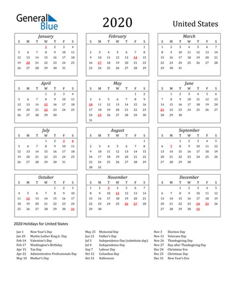 2020 Holiday Calendar Usa Free Printable Printable 2020 Calendar Free