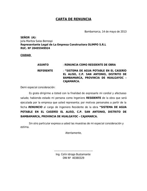 Docx Carta De Renuncia A Obradocx Dokumentips