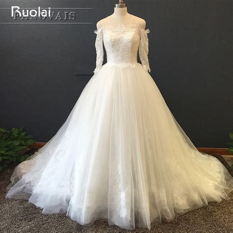 Real Photo Ball Gown Boat Neck Long Sleeves Lace Appliques Beaded Tulle
