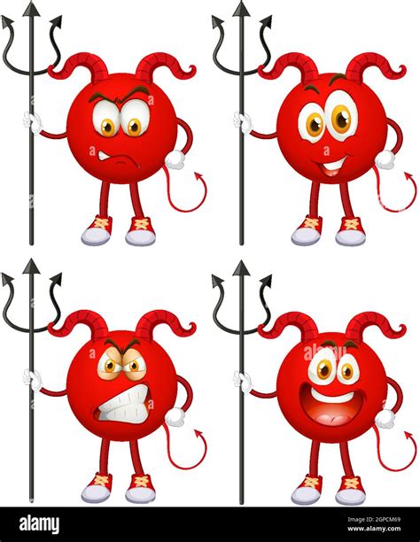 Set Of Red Devil Cartoon Character With Facial Expression On White