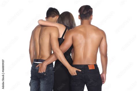 Back View Of Threesome Love Friends Of Two Men And One Woman Stock