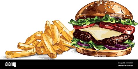 Colour Burger And French Fries Hand Drawing Sketch Engraving
